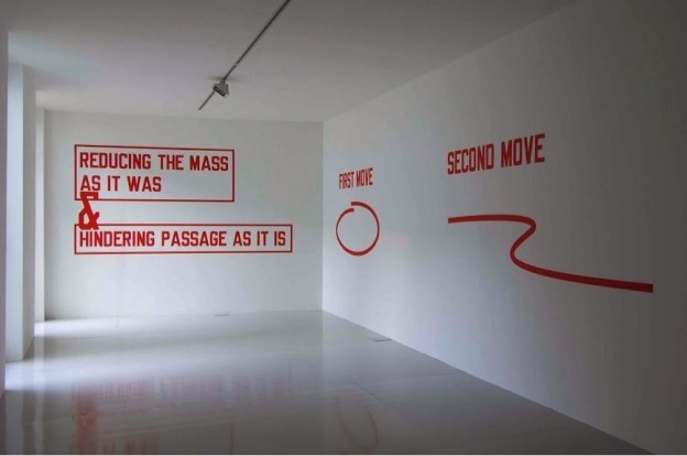 Lawrence Weiner, That which is brought to bear reducing the mass as it was & hindering passage as it is first move second move third move, 2007